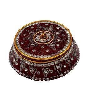 Trinket Round Jewelry Box Maroon Gold Tones Rhinestone Jeweled